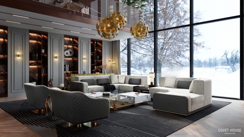 california home- contemporary living room, large windows, cream sofa, black carpet, gold hanging lamps and glass coffee table  