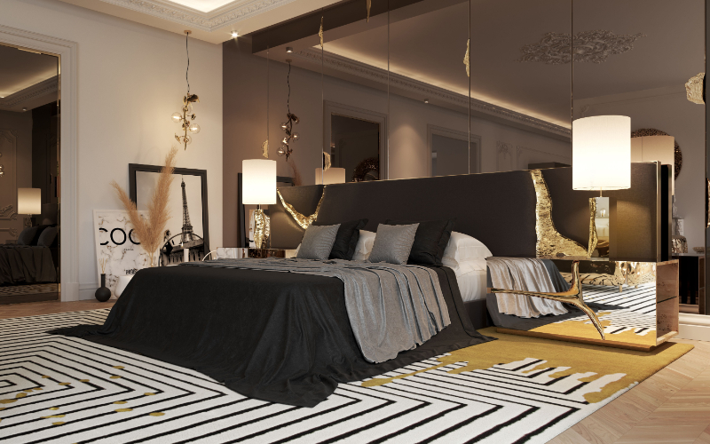 luxury master bedroom with modern lighting