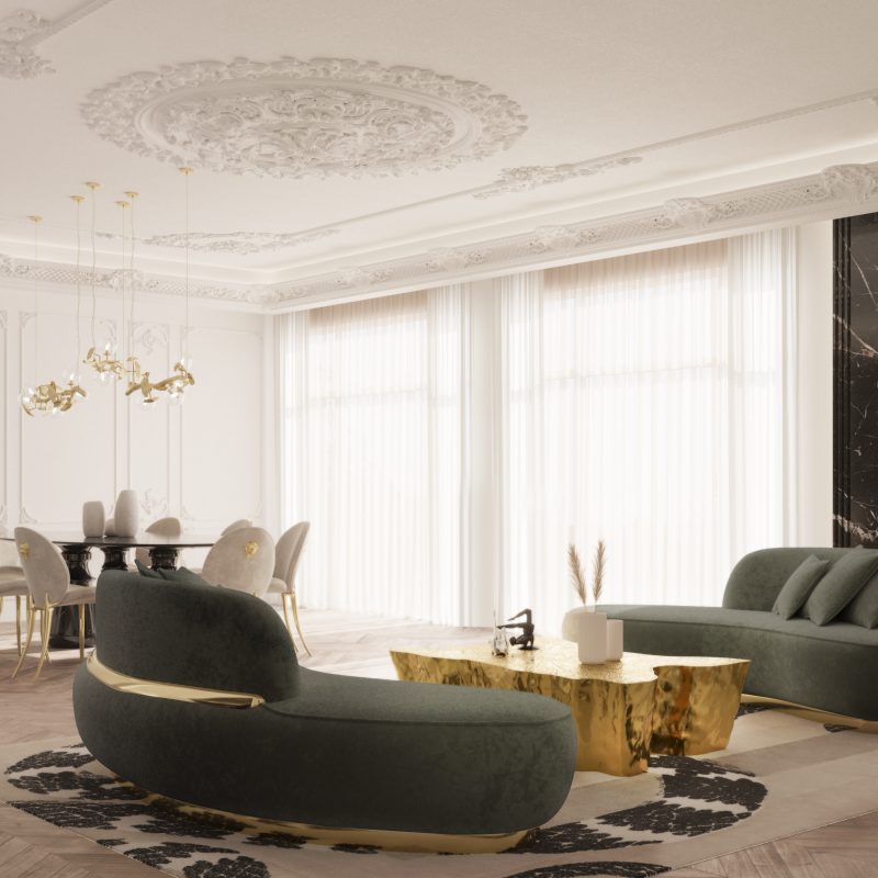 gold coffee table, green round sofa with gold details and nude chairs