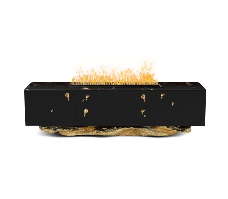 Angra Collection- luxurious black fireplace with gold base and gold details 