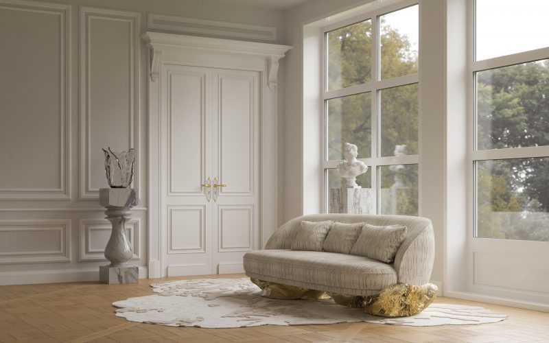 Angra Collection- contemporary living room, windows, statues, a cream carpet and a white sofa with a gold base  