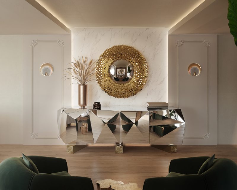 High-End Sideboard Diamond Pyrite in a Luxury Living Room