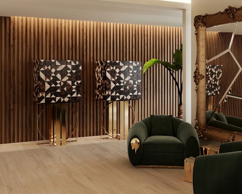 living room with two cabinets in brown and gold and two green armchairs with gold details 