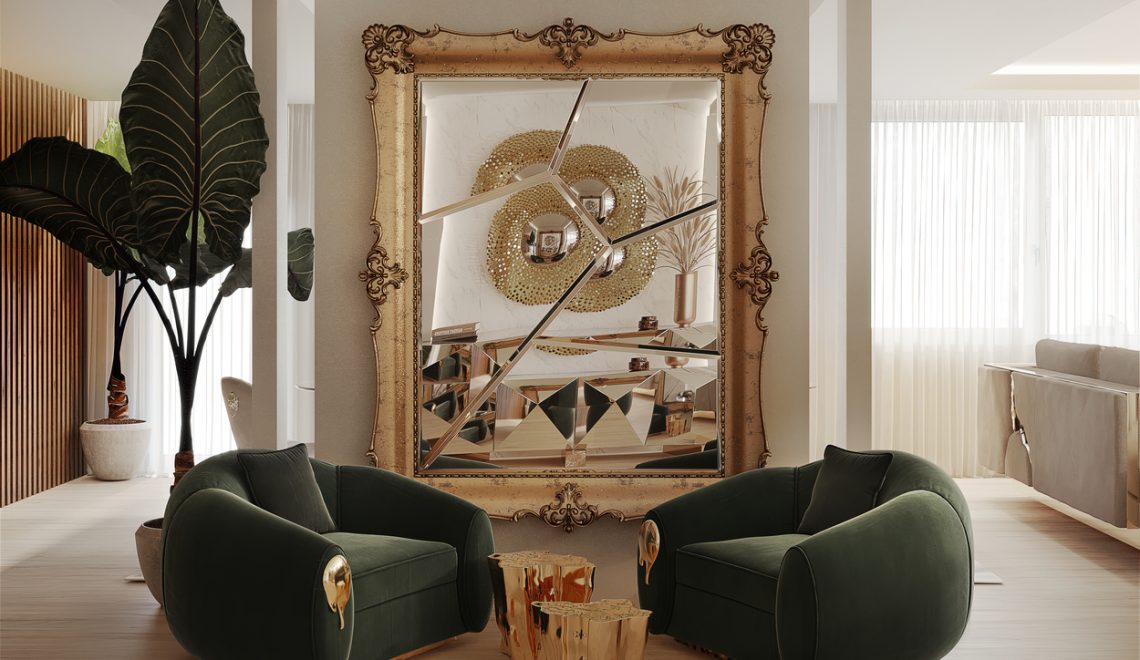 living room with rectangular wall fragmented mirror with stainless steel details on the frame, detailed glass, two green armchairs with gold details and two small side tables in gold