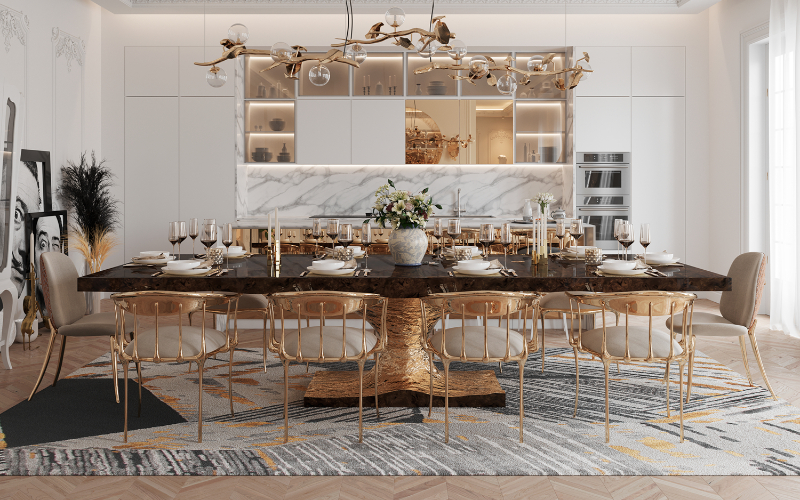 luxury dining room in neutral tones with modern lighting