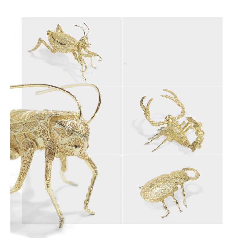 craftmanship - filigree bugs in gold, a mantis, a scorpio, a cricket and a lucanos