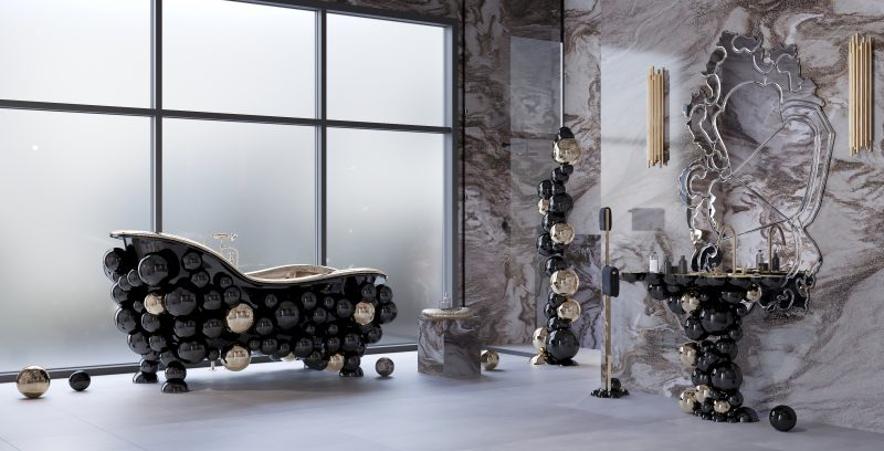 california home-  luxurious bathroom with panoramic view, black and gold bathtub, mirror and black and gold washbasin 