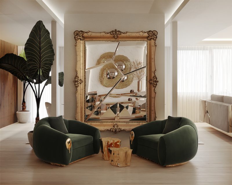 california home- contemporary living room with 2 green velvet armchairs and gold details, gold coffee table, gold mirror and plants  