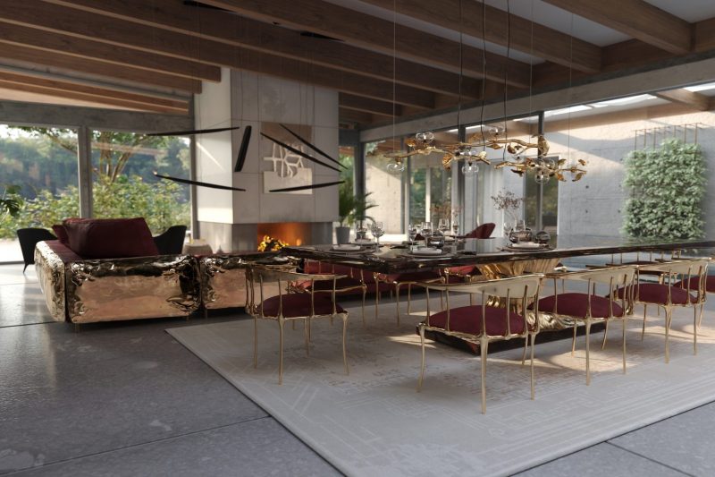 Los Angeles - contemporany dining room with a white rug, black and gold dining table, chairs with red and gold details, golden lamp, golden sofa and a plants 