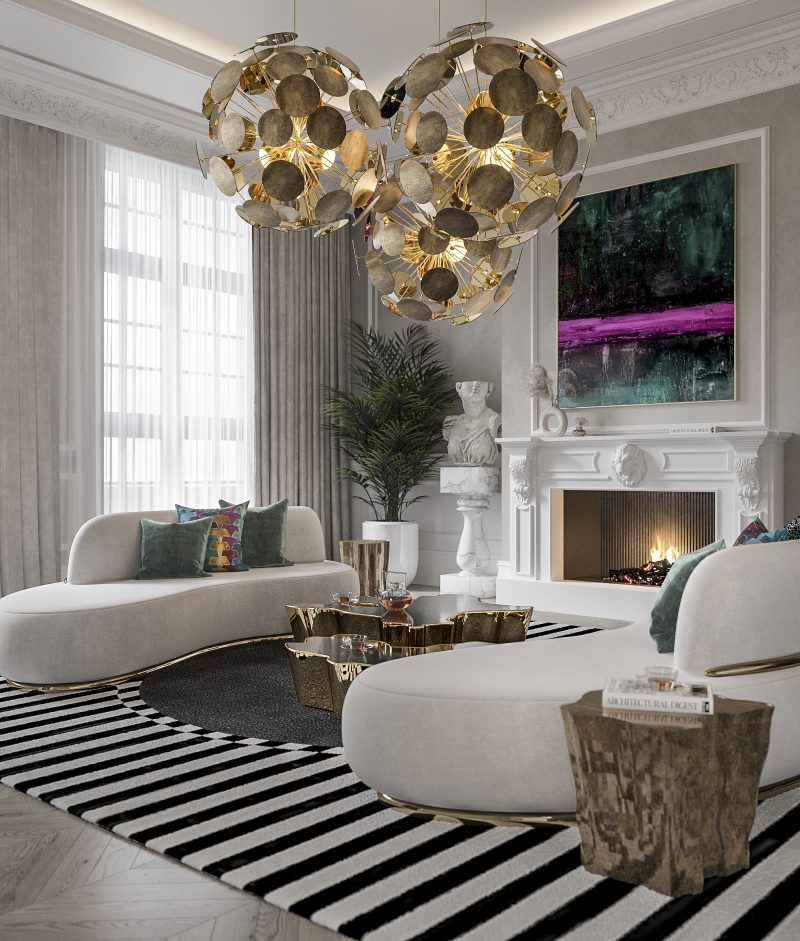 living room with two nude sofas with gold details, a white firplace, three stetmnet round suspension lamp, a side and center table in gold