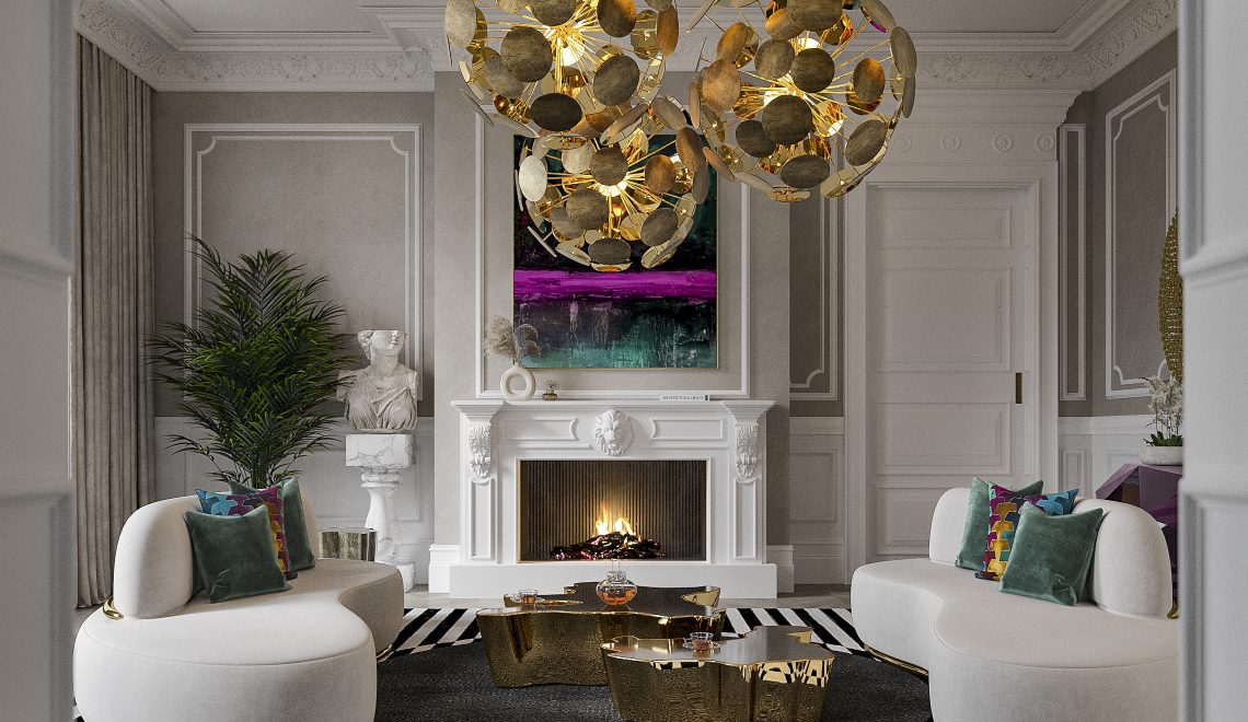 living room with two nude sofas with gold details, a white firplace, three stetmnet round suspension lamp, a side and center table in gold