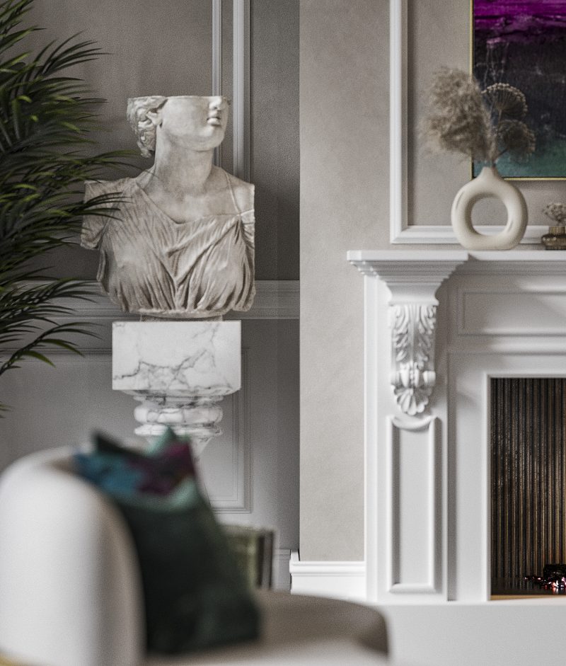 white fireplace and a marble pedestal with a statue 