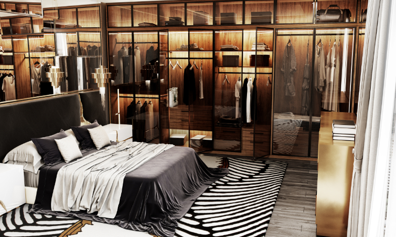 master bedroom in warm tones with a enormous closet 