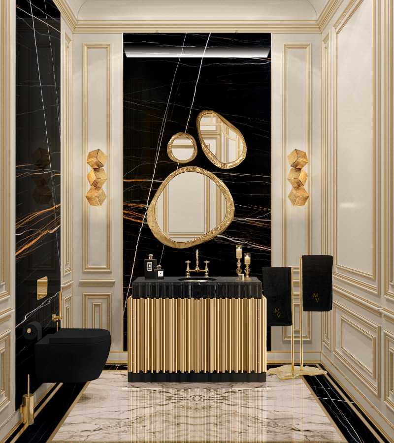 bathroom modern interior design with gold and black colors 