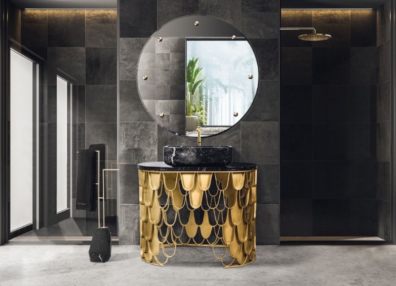 bathroom modern interior design with gold and black colors 