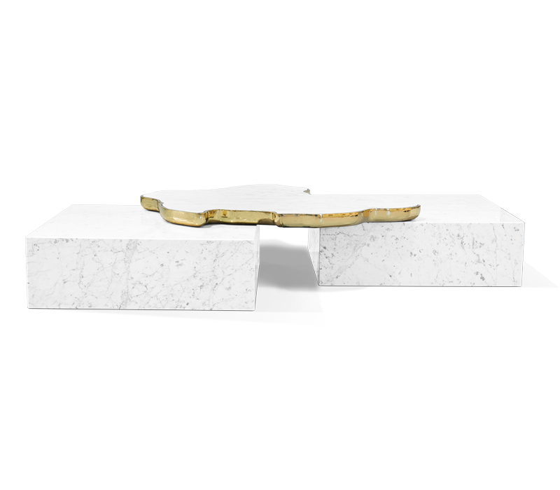 luxury houses - navarra center table in carrara marble with gold frame on the the top 