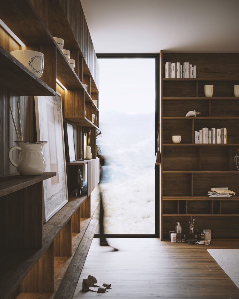 home office, wooden shelves with books