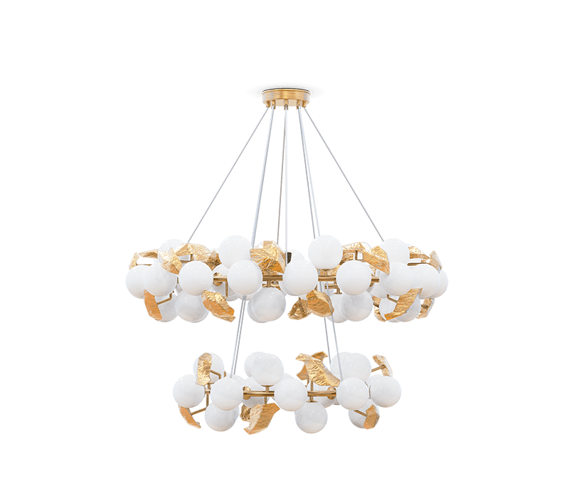 modern lighting fixture is constructed with two tiers, with pendant lights hanging from a round brass structure. Bulbs in frosted glass.