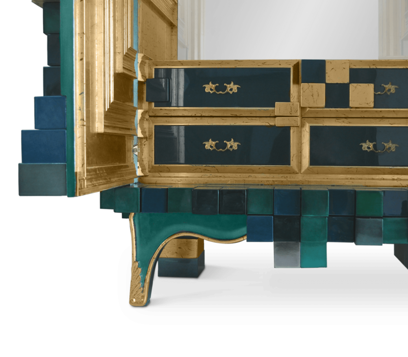  maximalism- green and blue cabinet with a golden and green interior